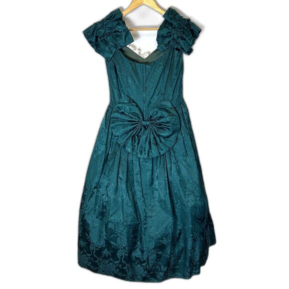VTG 80s Jessica McClintock Green Brocade Lace Neck Formal Midi Dress Size 13/14 - Picture 5 of 14